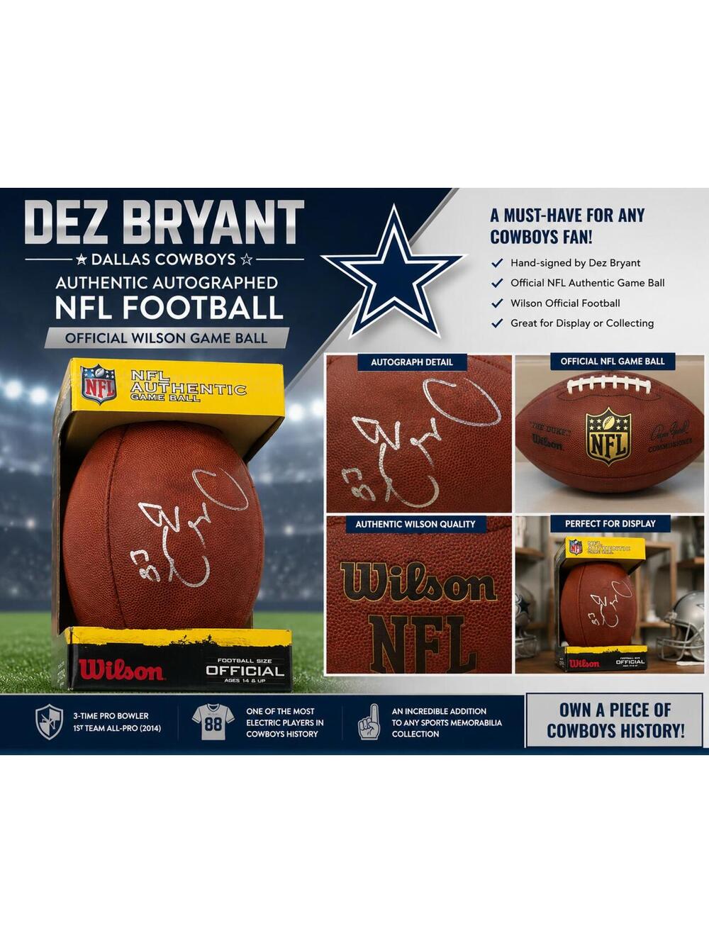 Dez Bryant Autographed Wilson NFL Authentic Game Ball Dallas Cowboys Signed Ball